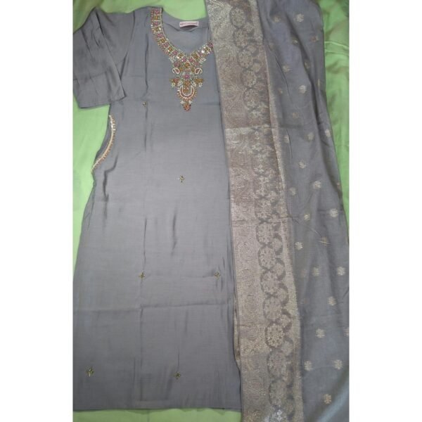 Women 3-Piece Silk Suit with side pockets and Banarasi Dupatta