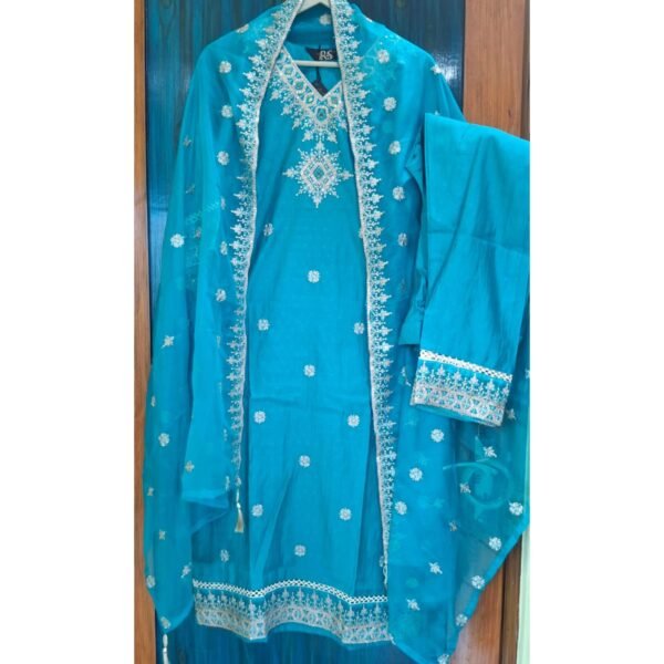 Sky Blue Raw Silk 3-Pc Suit Set with Tassel Dupatta
