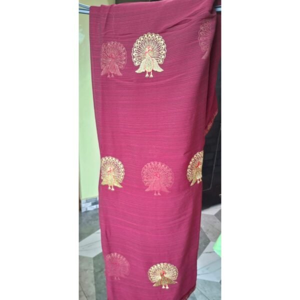 Chiffon Maroon Saree with beautiful peacock golden embroidery