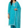 Sky Blue Raw Silk 3-Pc Suit Set with Tassel Dupatta