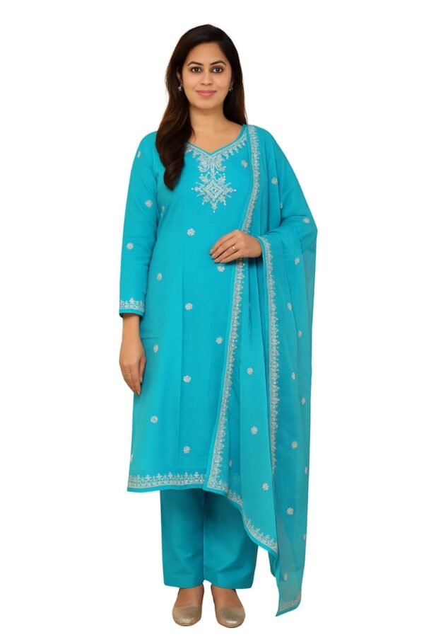 Sky Blue Raw Silk 3-Pc Suit Set with Tassel Dupatta