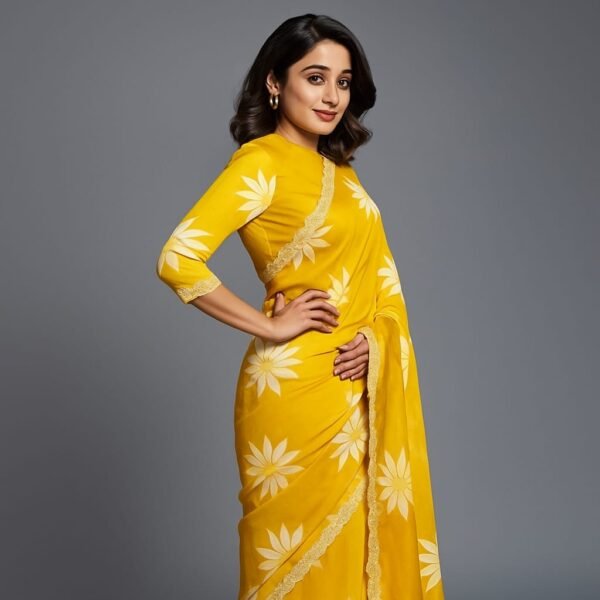 Georgette Yellow Saree with Flower Print