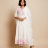 White pure malmal cotton 3 pc suit set anarkali