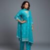 Sky Blue Raw Silk 3-Pc Suit Set with Tassel Dupatta